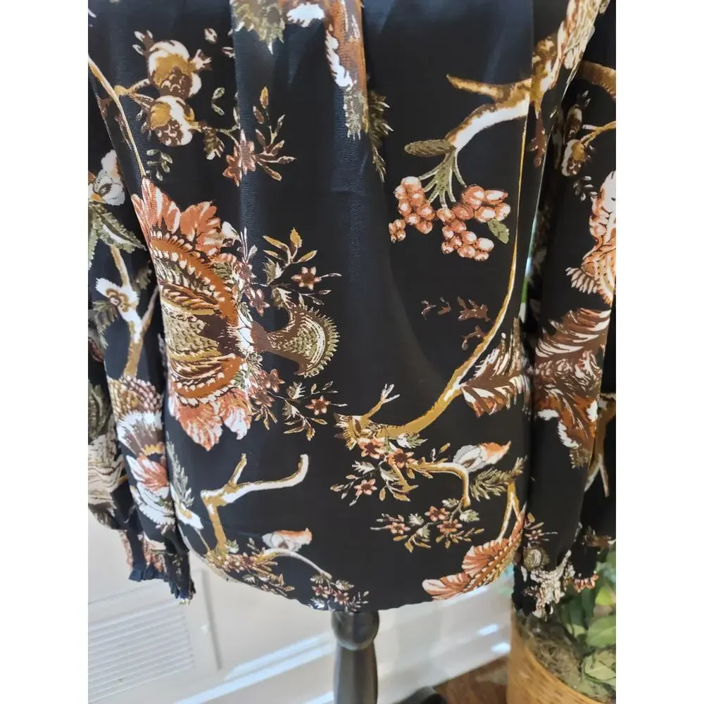 Maison D' Amelie Blouse Women's Small Black Floral Smocked Mock Neck Long Sleeve - Picture 4 of 11